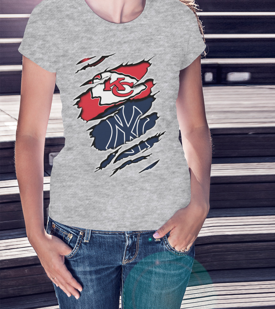 Chiefs Yankees KC NY Hybrid Logo Ripped T-Shirt