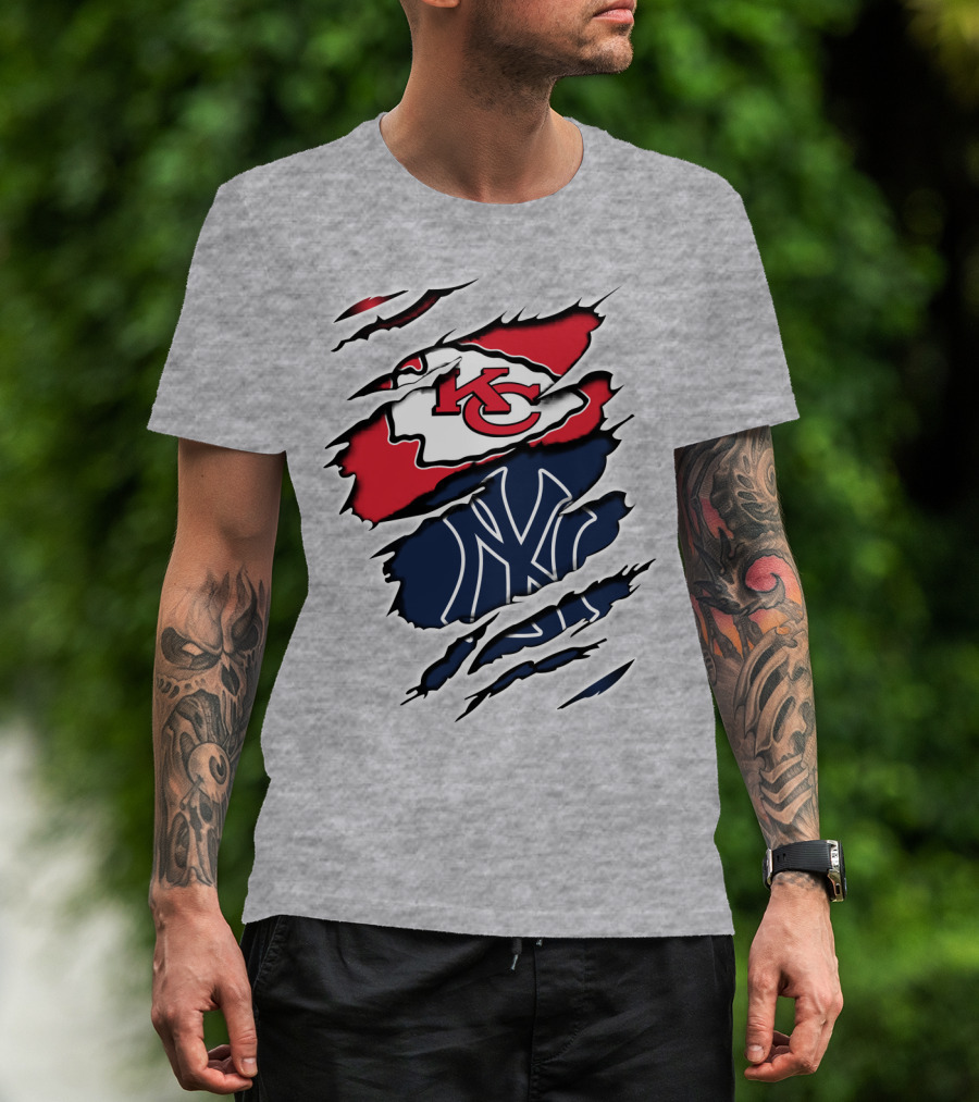 Chiefs Yankees KC NY Hybrid Logo Ripped T-Shirt