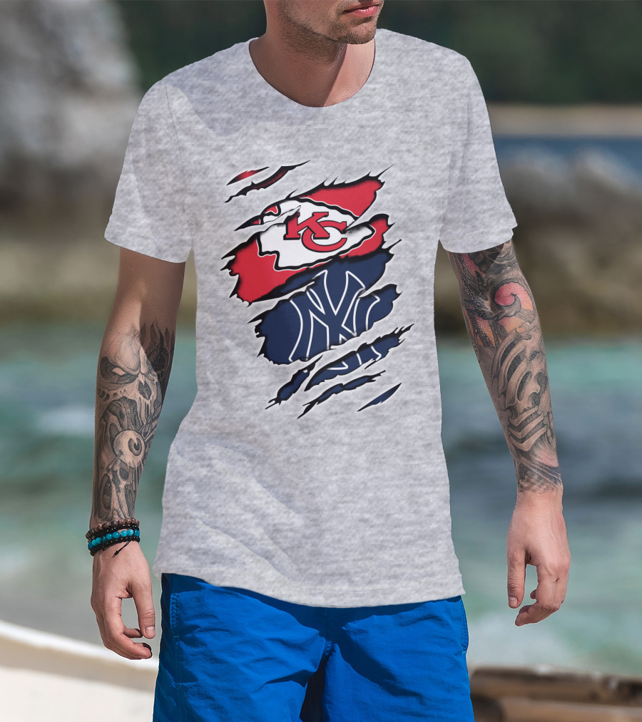 Chiefs Yankees KC NY Hybrid Logo Ripped T-Shirt