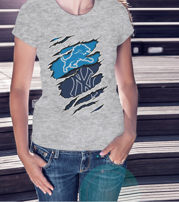 Detroit Lions And New York Yankees Ripped Claw T-Shirt