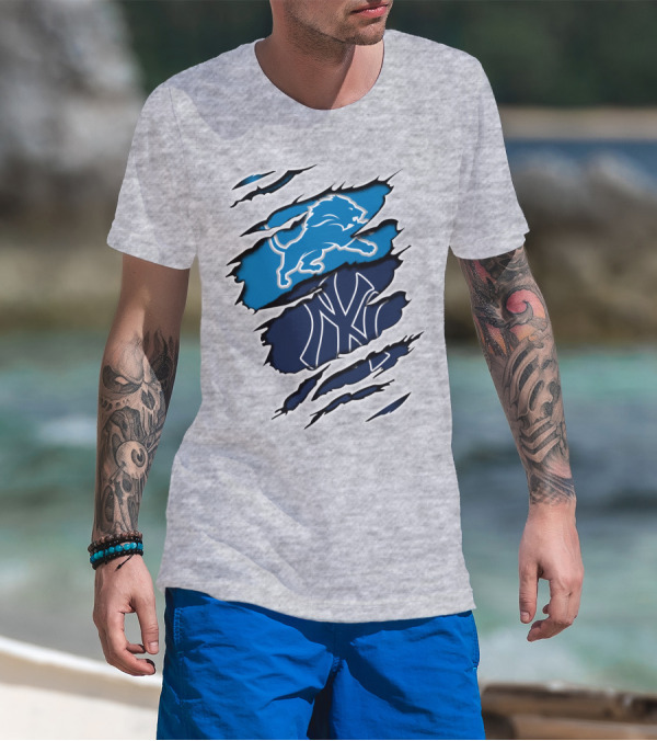 Detroit Lions And New York Yankees Ripped Claw T-Shirt