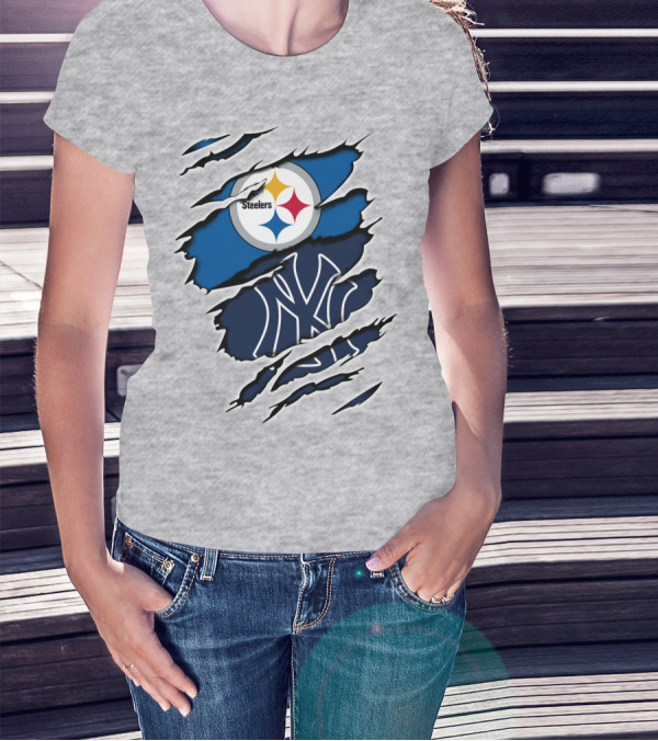 Steelers Yankees Logo Fusion Ripped Effect T-Shirt