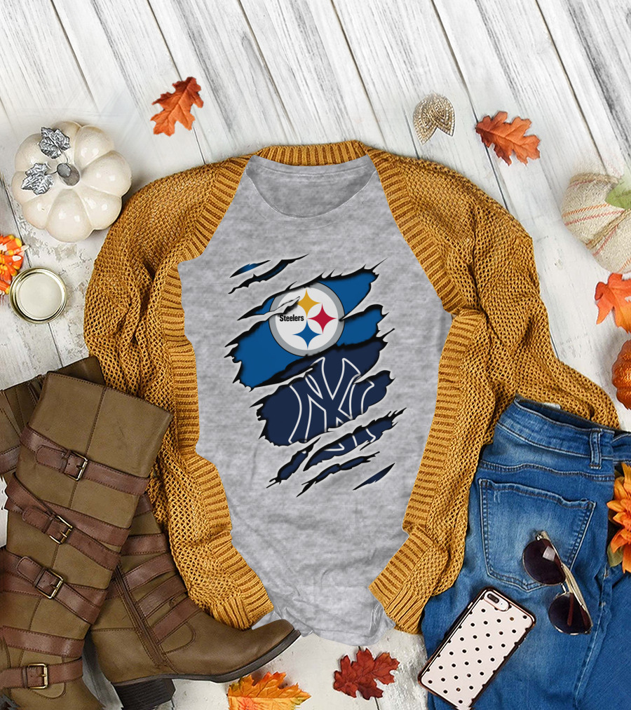 Steelers Yankees Logo Fusion Ripped Effect T-Shirt