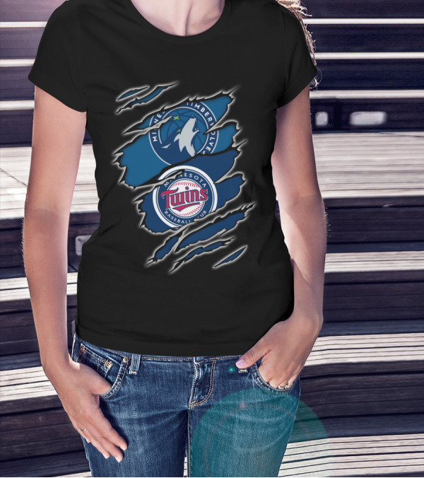 Minnesota Timberwolves Minnesota Twins Baseball Club Logo Claw Marks T-Shirt