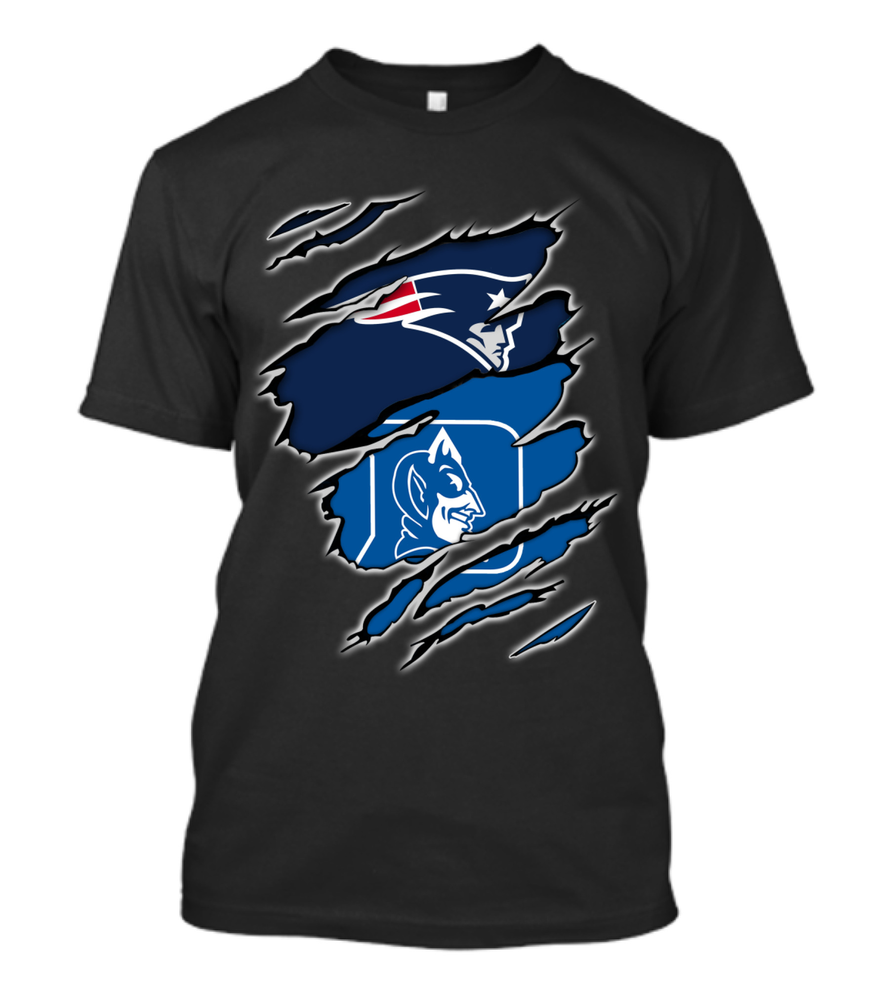 New England Patriots And Duke Blue Devils Logos In Claw Marks T-Shirt