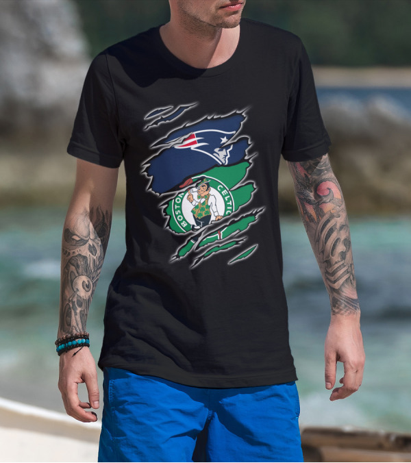 New England Patriots Boston Celtics Logo Mashup T-Shirt