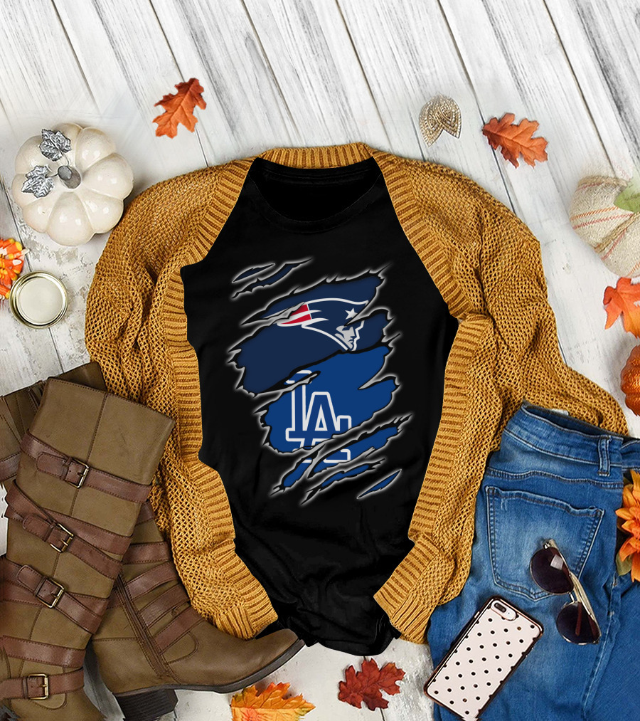 Patriots and LA Dodgers Logos in Torn Fabric T-Shirt