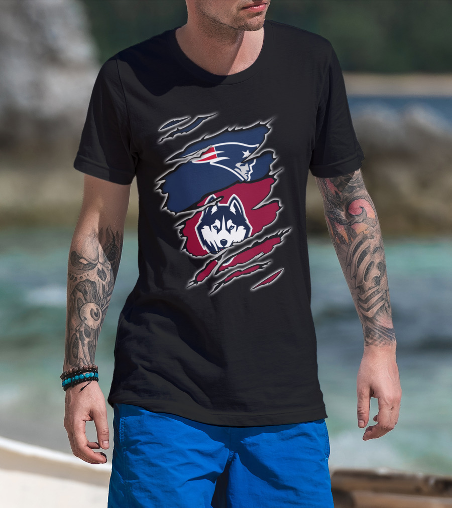 Patriots And Huskies Fused Logo Claw Slashes T-Shirt