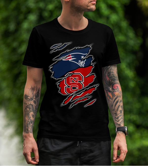 Ripped Design Featuring Patriots Logo And NC State Wolfpack T-Shirt