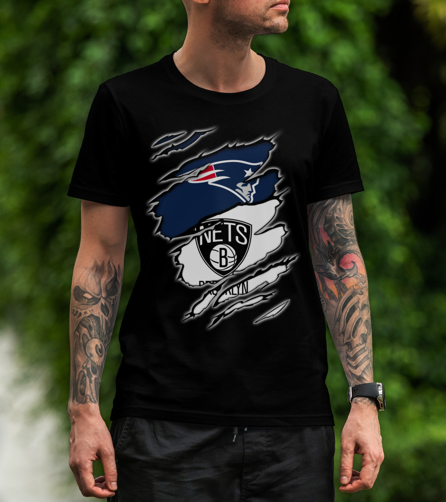 New England Patriots And Brooklyn Nets Ripped T-Shirt