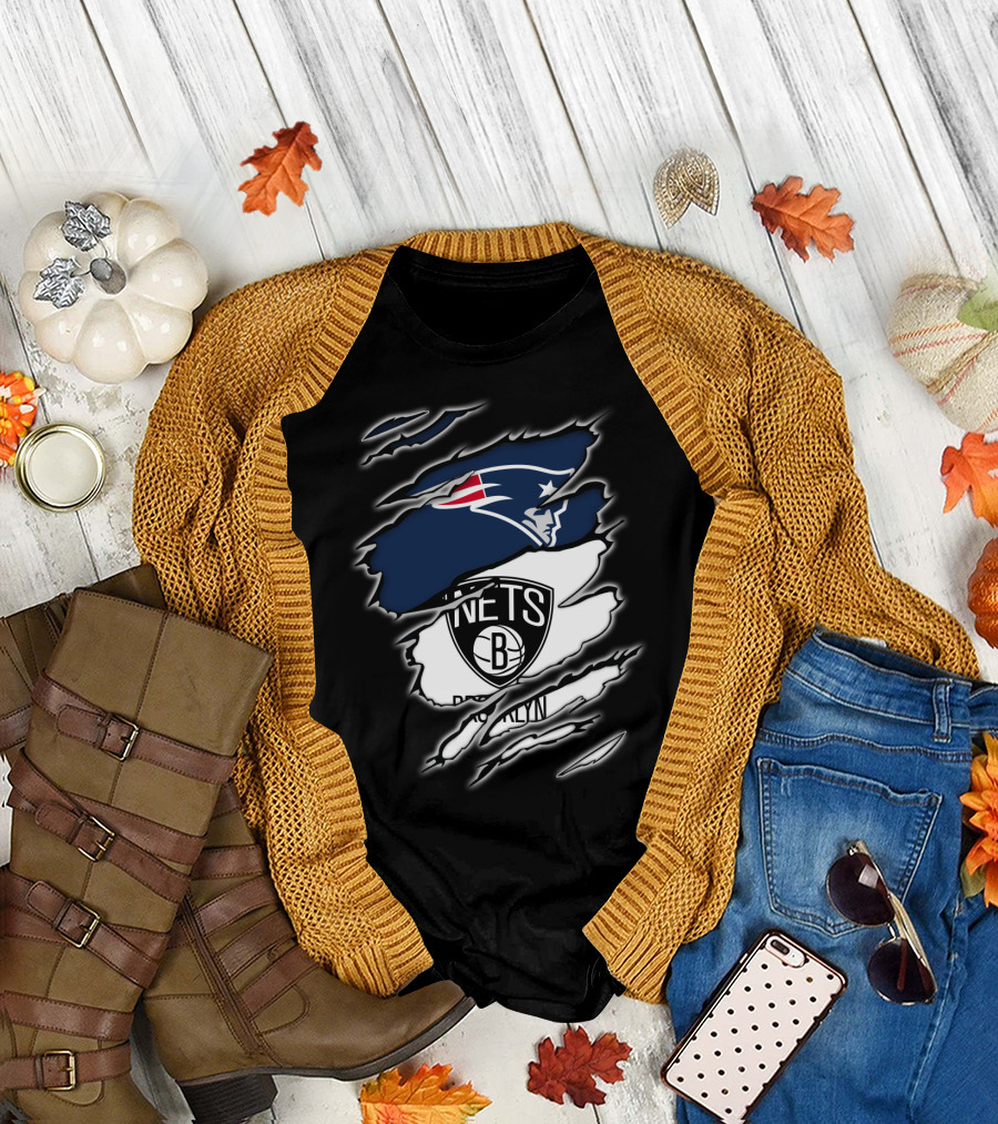 New England Patriots and Brooklyn Nets Ripped T-Shirt