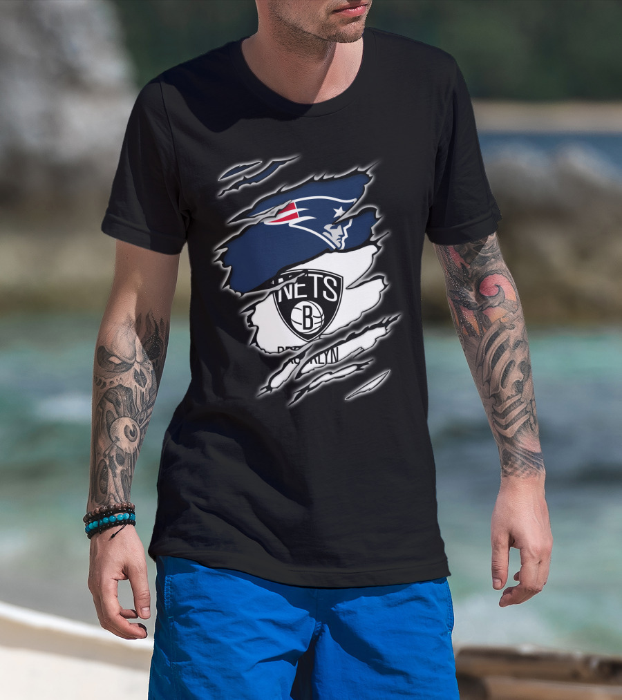New England Patriots And Brooklyn Nets Ripped T-Shirt
