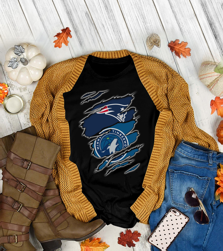 New England Patriots and Minnesota Timberwolves Logos Claw Rip T-Shirt