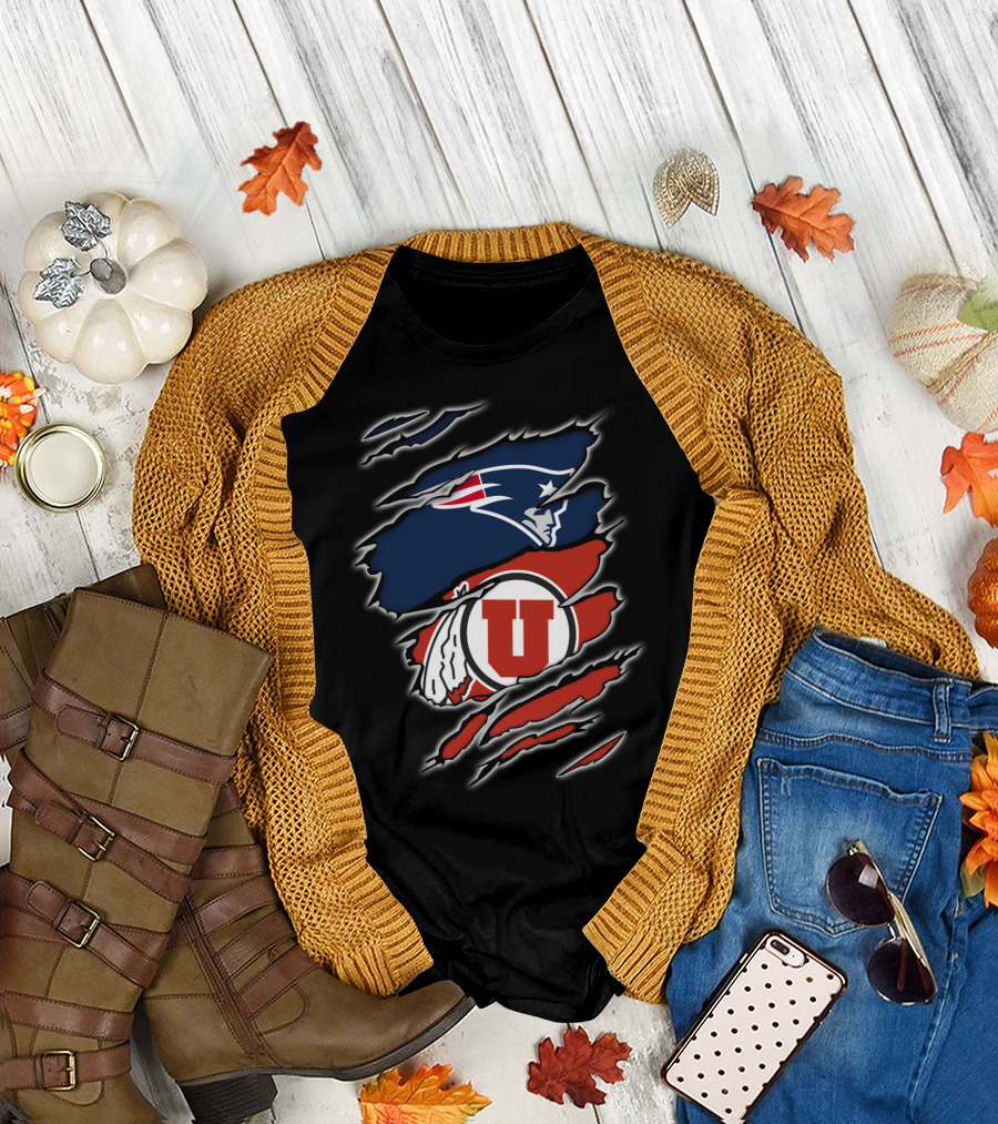 New England Patriots and Utah Utes Torn Ripped Combo T-Shirt