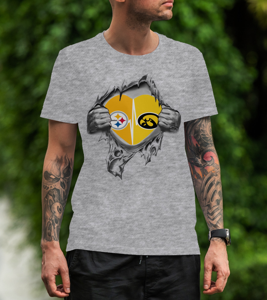 Steelers Hawkeyes Heartbeat Peeling Hands Football Fan T-Shirt