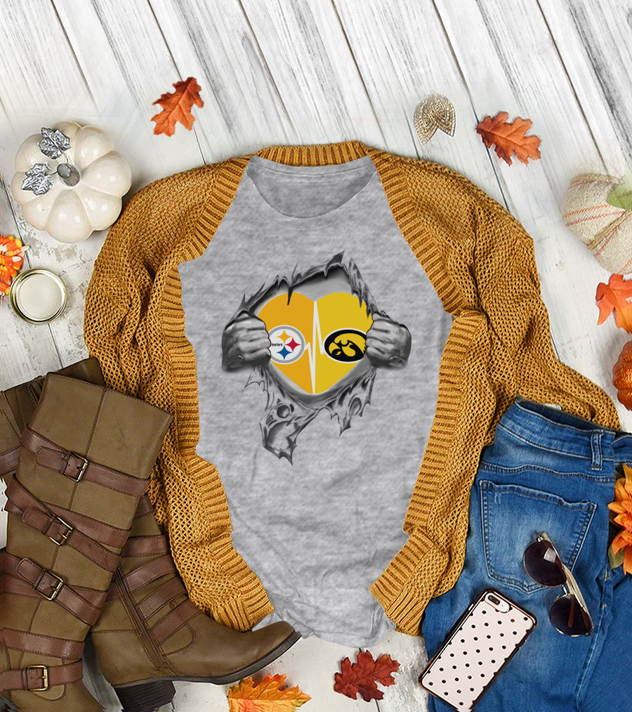 Steelers Hawkeyes Heartbeat Peeling Hands Football Fan T-Shirt