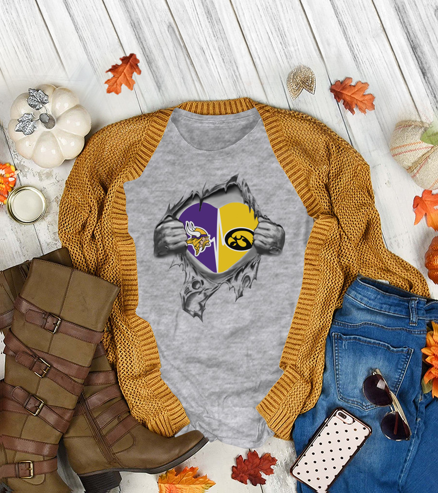 Hawkeyes Vikings Heart Split with Ripped Hands T-Shirt