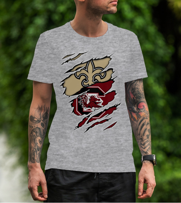 Saints Gamecocks Logo Crossover With Fleur-de-Lis And Fighting Rooster T-Shirt