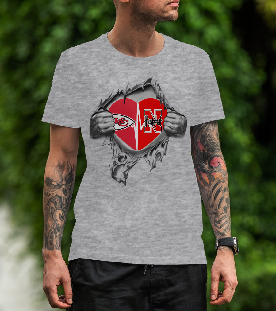 Chiefs Huskers Heart Behind Ripped Steel T-Shirt