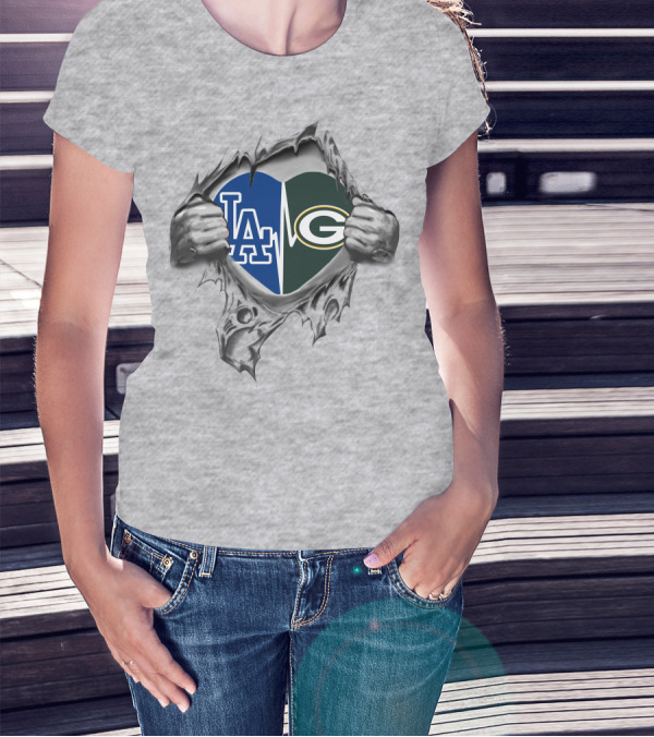 Packers Dodgers Heart With LA And Green Bay T-Shirt