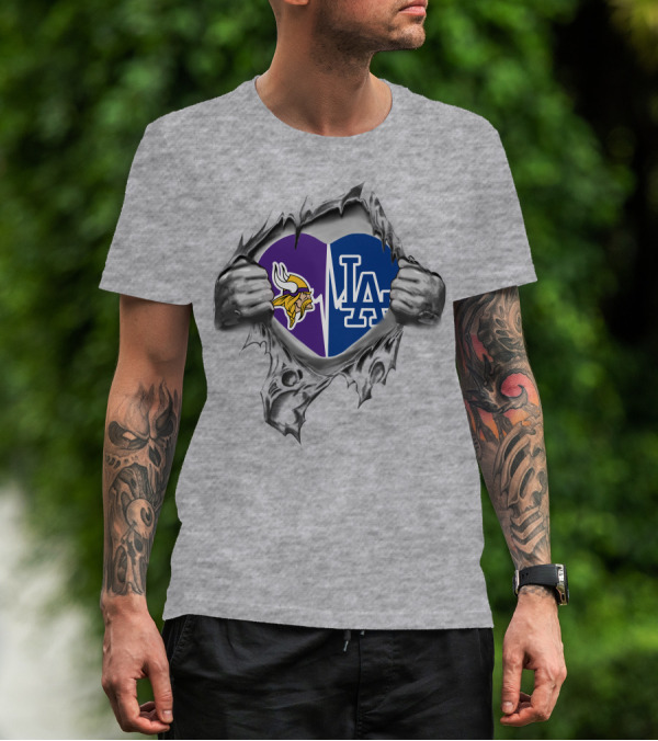 Vikings Dodgers It's In My Heart LA Logo Split Purple And Blue Heart NFL MLB Fans T-Shirt