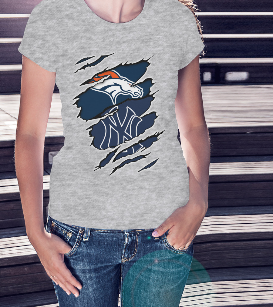 Broncos Yankees Distressed Dual Team Logo Fusion T-Shirt