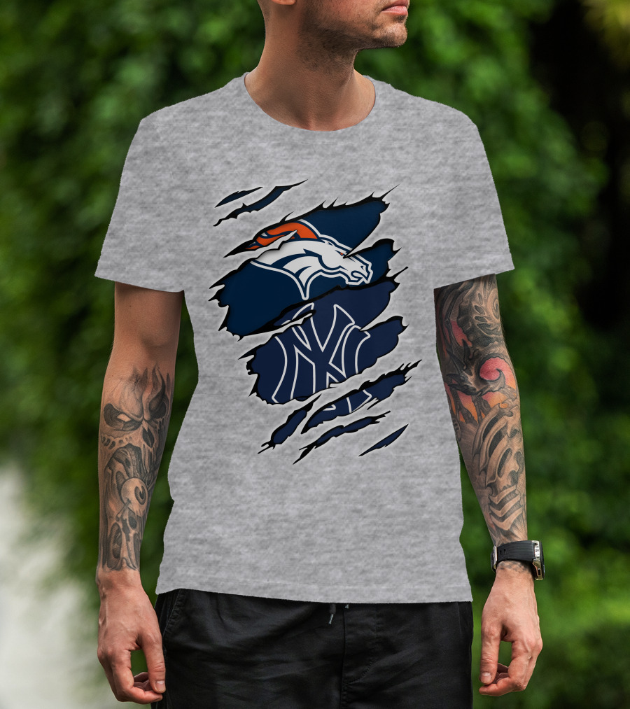 Broncos Yankees Distressed Dual Team Logo Fusion T-Shirt