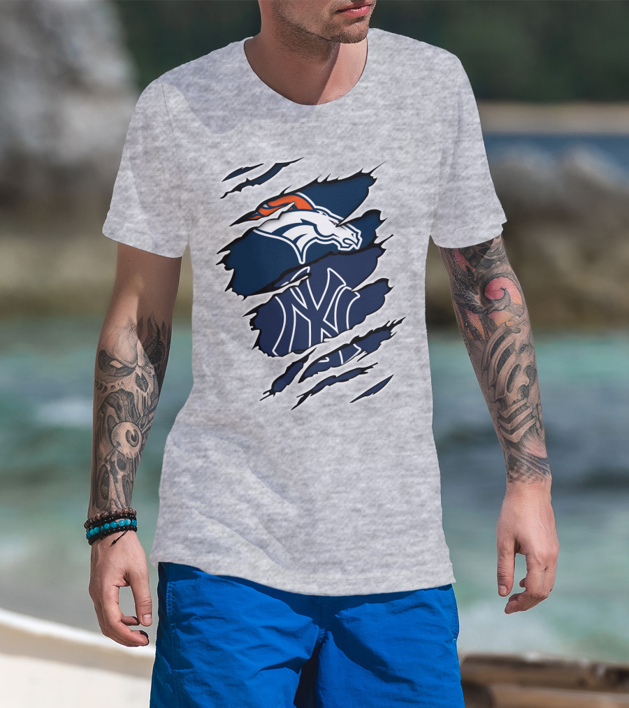 Broncos Yankees Distressed Dual Team Logo Fusion T-Shirt
