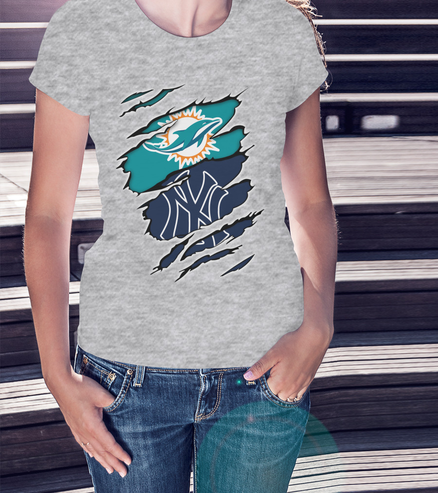 Miami Dolphins New York Yankees Logos Integration T-Shirt