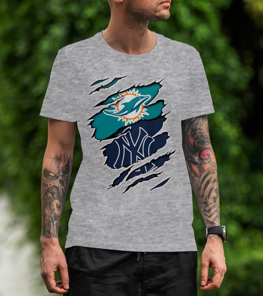 Miami Dolphins New York Yankees Logos Integration T-Shirt