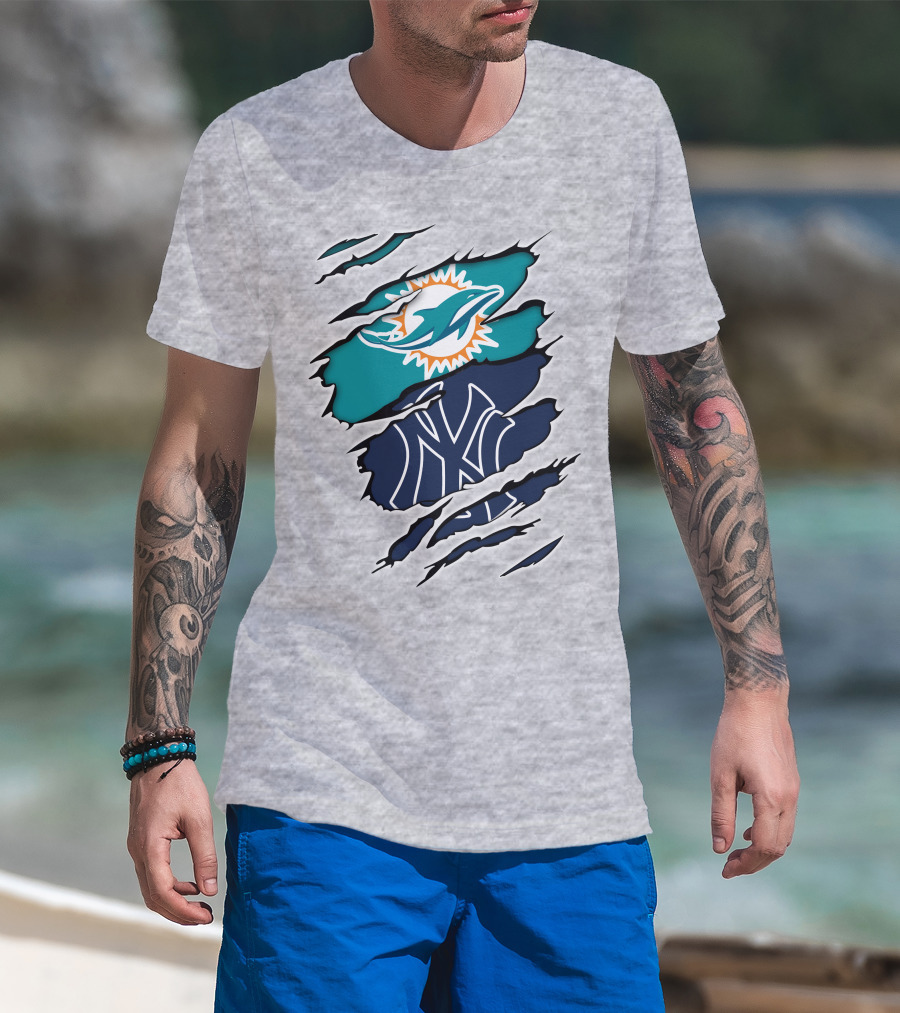 Miami Dolphins New York Yankees Logos Integration T-Shirt