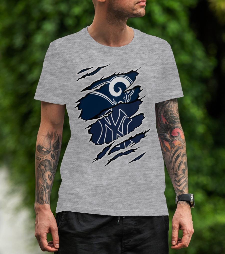 Rams Yankees Logo Fusion Iconic Sports Collaboration T-Shirt