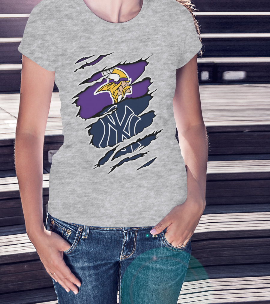 Vikings Yankees Logo Mashup Ripped Effect T-Shirt