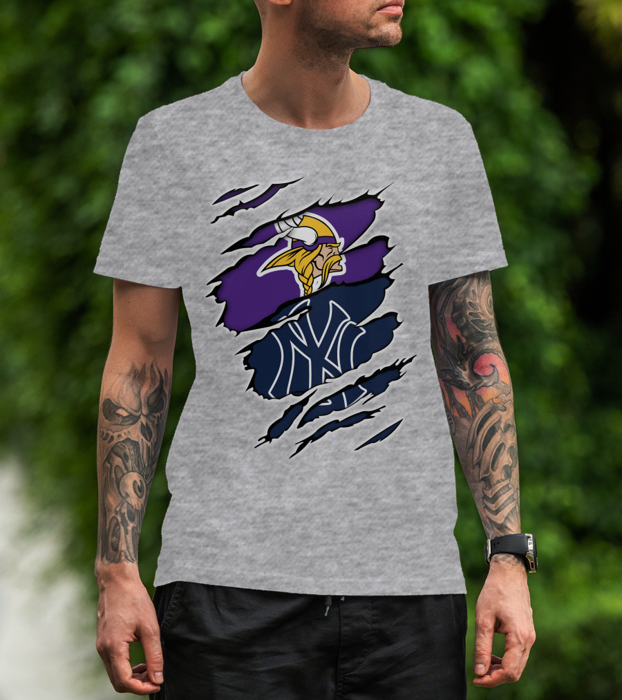 Vikings Yankees Logo Mashup Ripped Effect T-Shirt