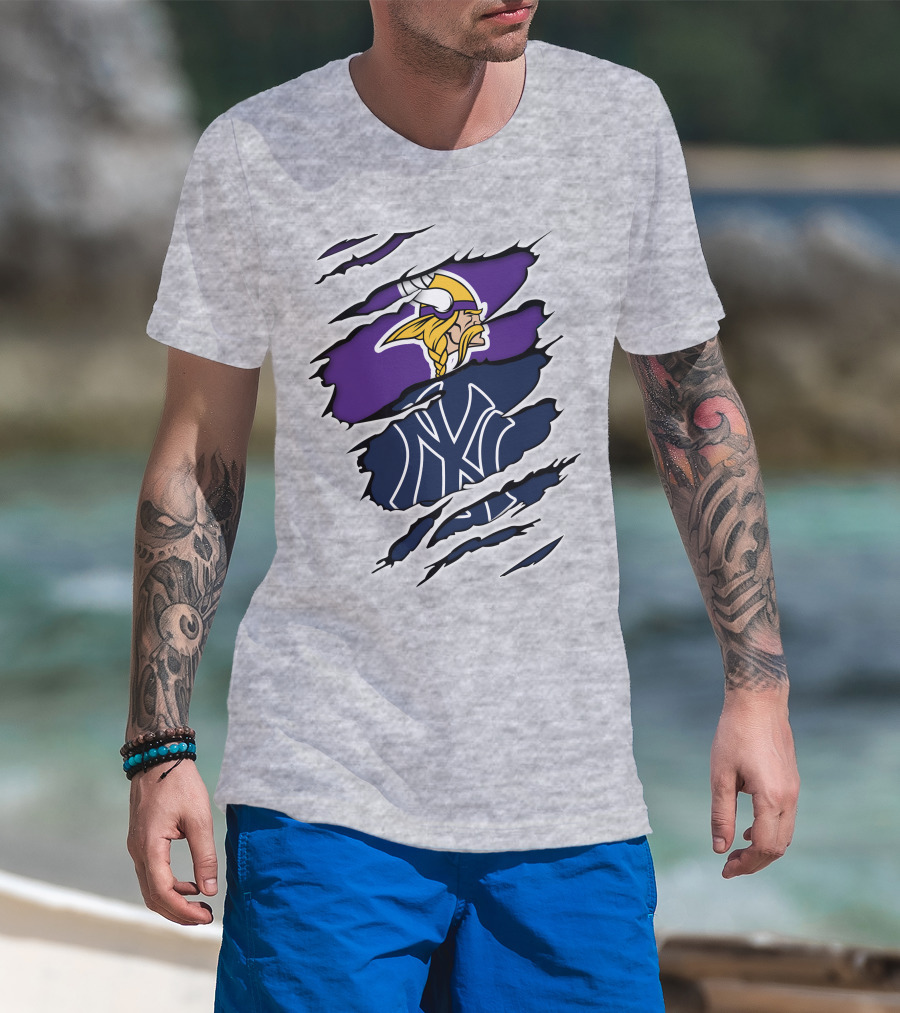 Vikings Yankees Logo Mashup Ripped Effect T-Shirt