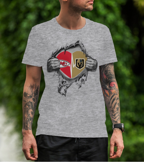 Golden Knights And Chiefs Heartbeat Logo Inside Torn Fabric T-Shirt