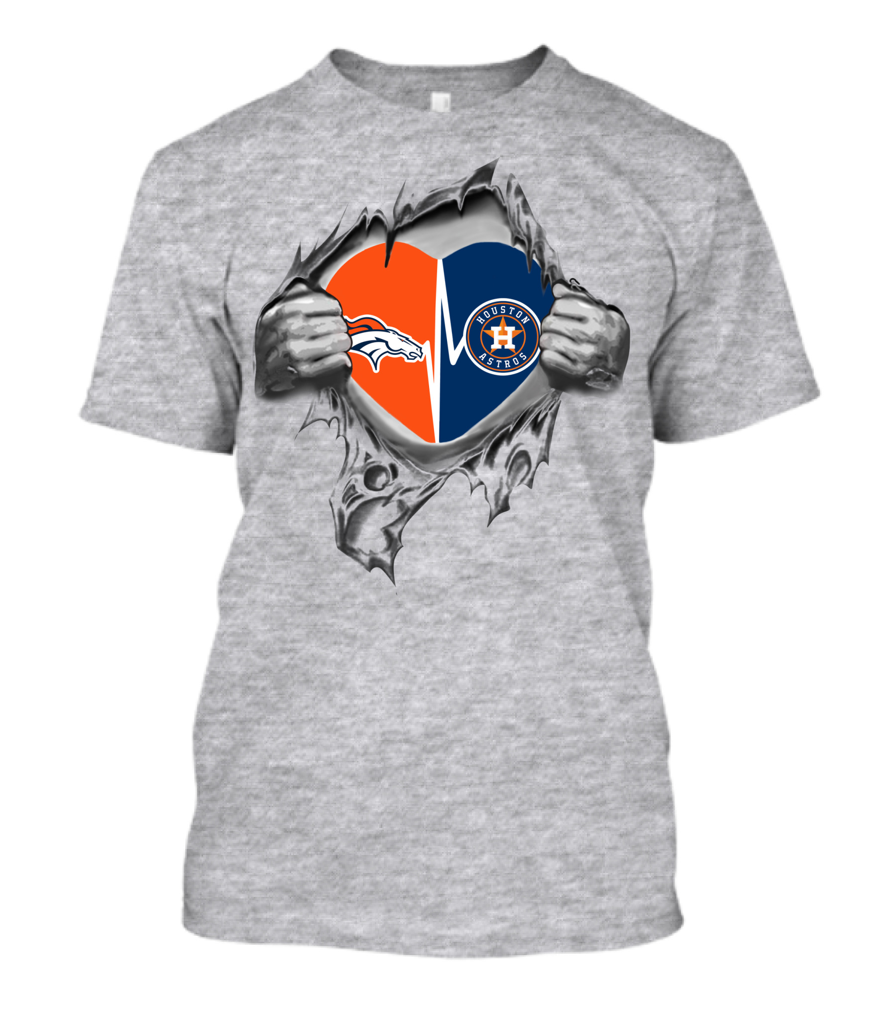 Houston Astros Denver Broncos Heart Torn T-Shirt