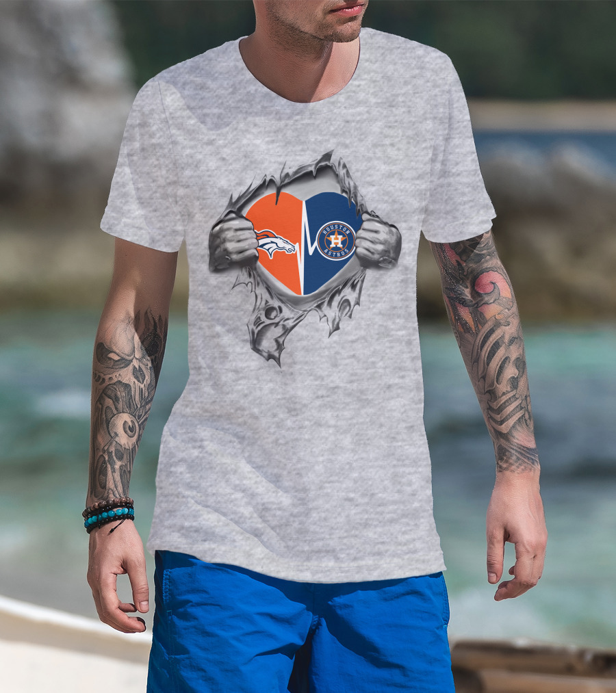 Houston Astros Denver Broncos Heart Torn T-Shirt