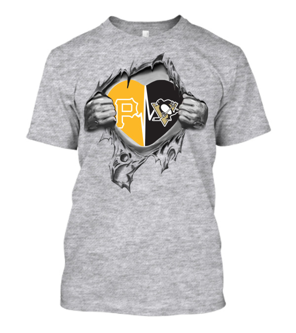 Pirates Penguins Heart With Team Logos Hidden Behind Torn Fabric T-Shirt