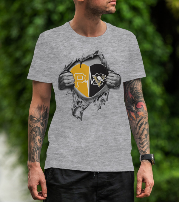 Pirates Penguins Heart With Team Logos Hidden Behind Torn Fabric T-Shirt