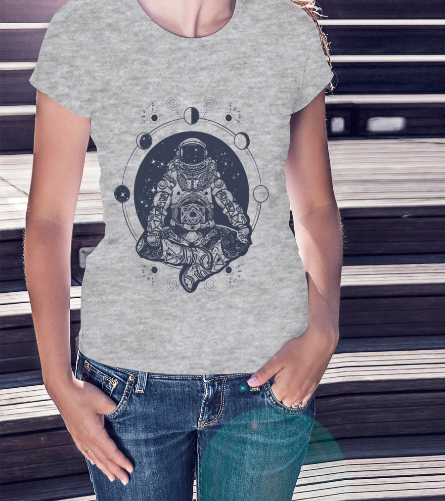 Zen Astronaut Meditating In Cosmic Orbit With Geometric Star Map T-Shirt