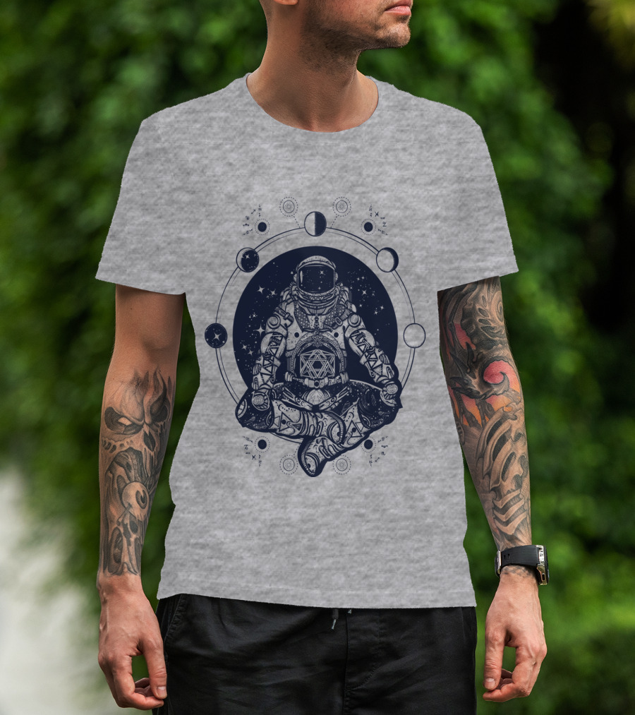 Zen Astronaut Meditating In Cosmic Orbit With Geometric Star Map T-Shirt