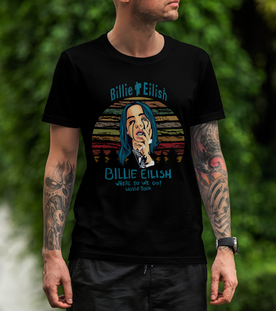 Billie Eilish Where Do We Go World Tour Vintage Style Portrait With Stripes T-Shirt