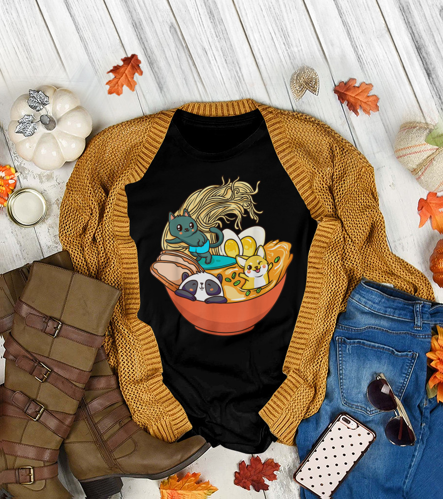 Cute Kawaii Cat Panda Dog in Ramen Bowl Japanese Anime Noodle T-Shirt