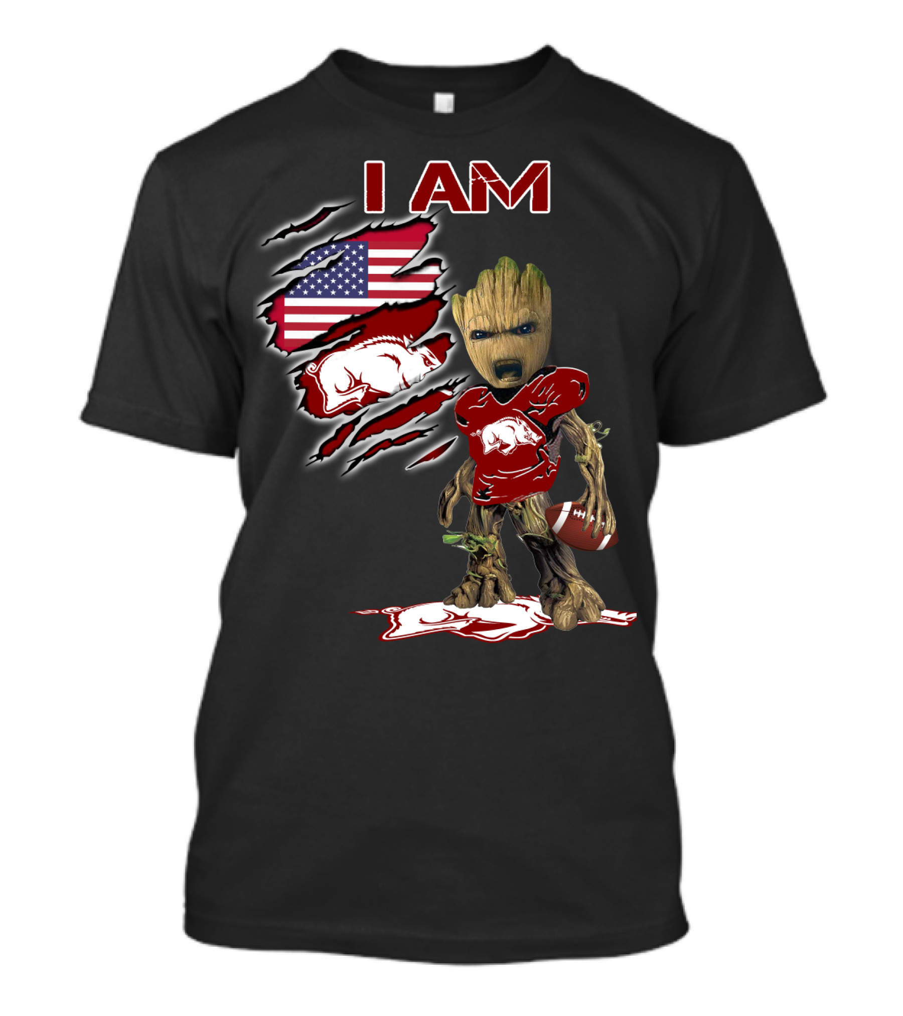 I Am Baby Groot Arkansas Razorbacks Football American Flag T-Shirt