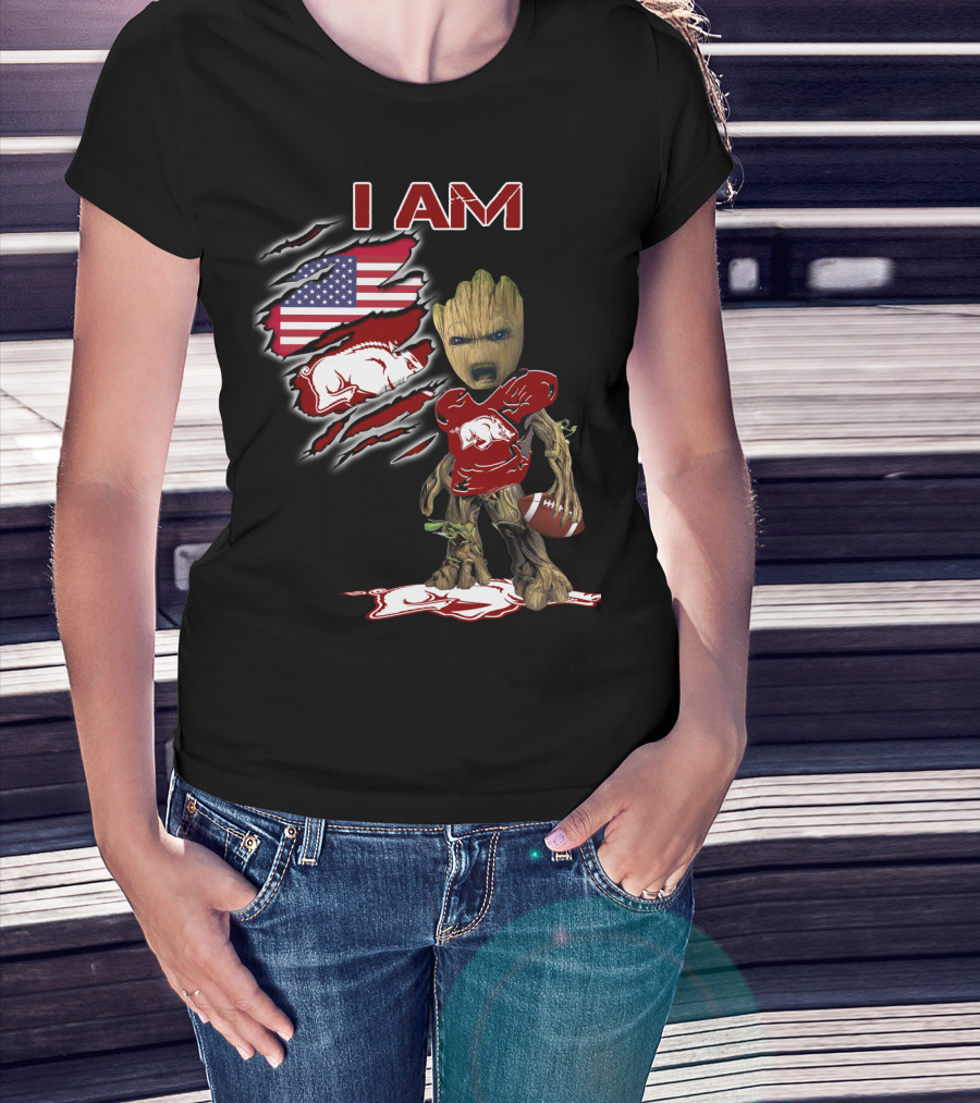 I Am Baby Groot Arkansas Razorbacks Football American Flag T-Shirt