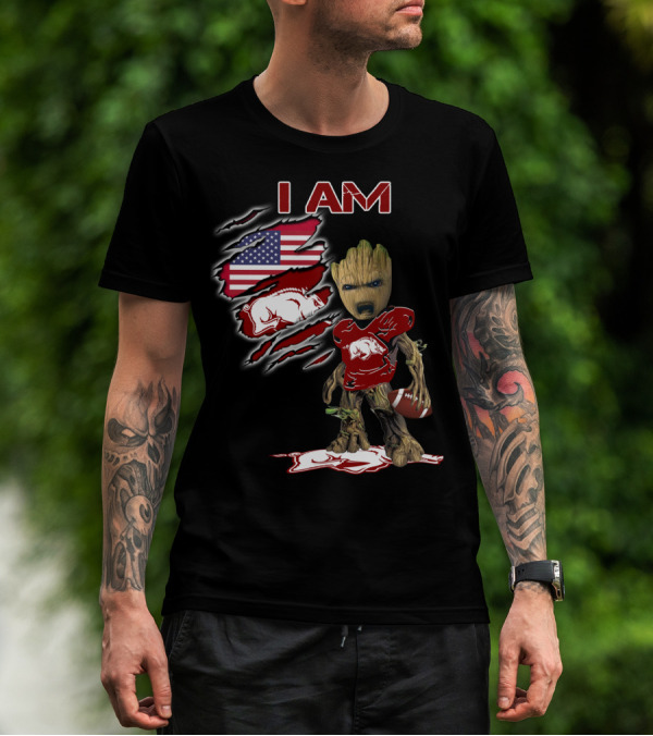 I Am Baby Groot Arkansas Razorbacks Football American Flag T-Shirt