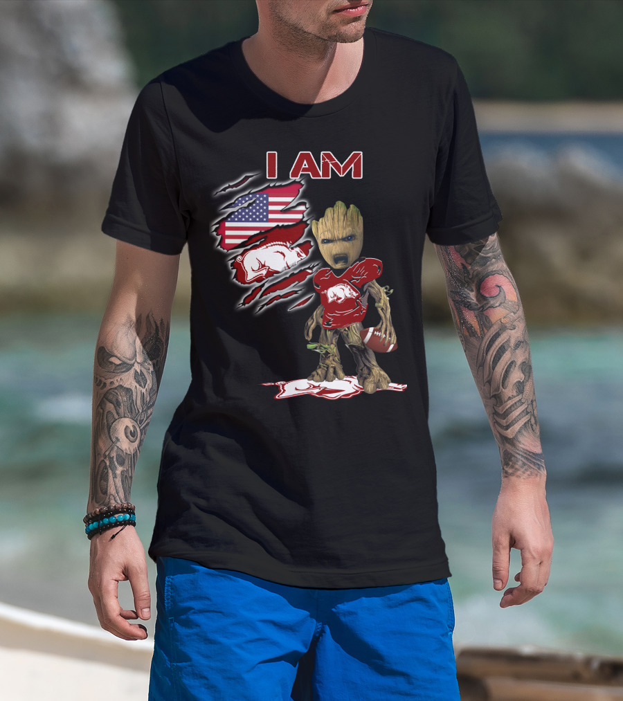 I Am Baby Groot Arkansas Razorbacks Football American Flag T-Shirt