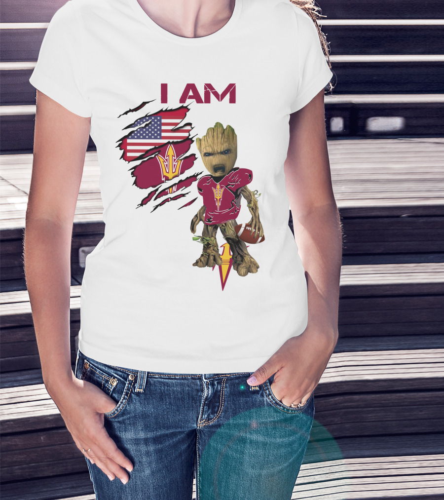 I Am ASU Baby Groot Football American Flag T-Shirt