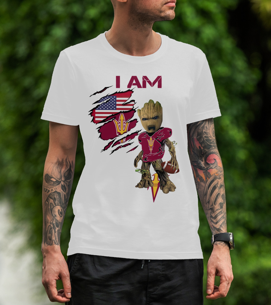 I Am ASU Baby Groot Football American Flag T-Shirt